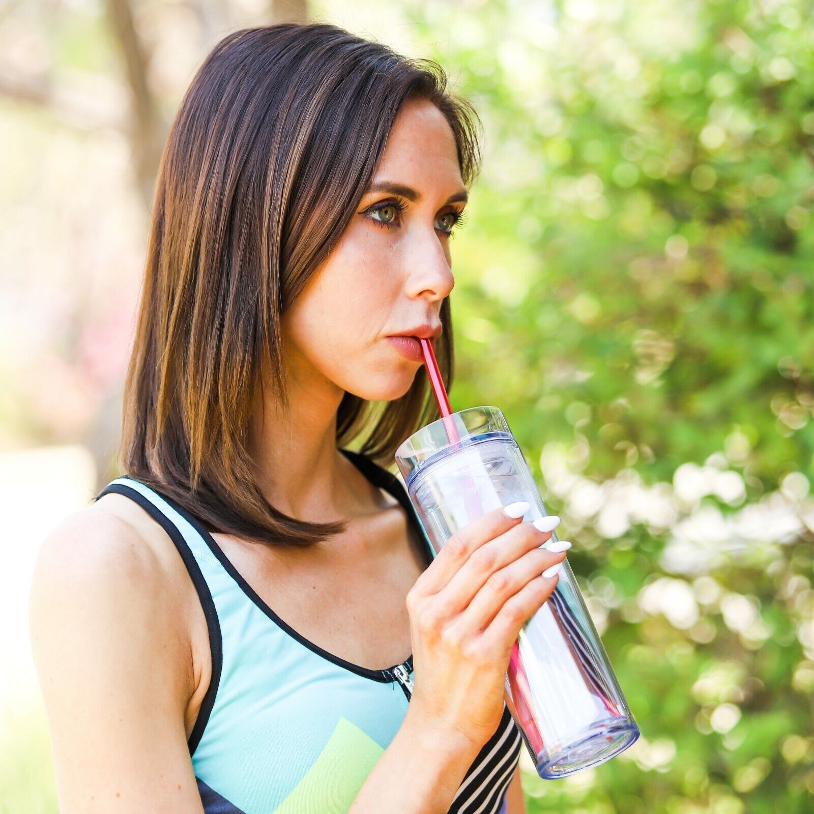Skinny Drinking Tumbler 473ml Acrylic Transparent Color 7x21cm Reusable with Lid & Straw
