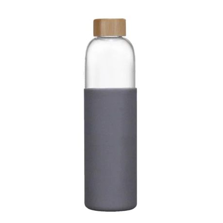 Glass Drinking Bottle 500ml Silicone Grip with Bamboo Wooden Lid and String 22583