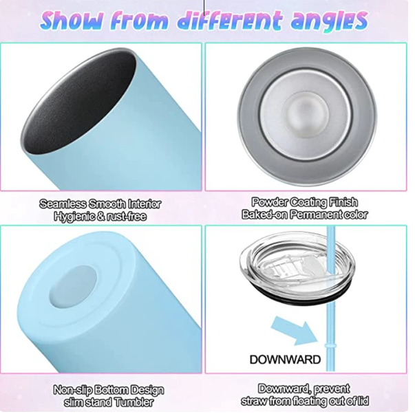 Skinny Metallic Thermos Drinking Tumbler 590ml Stainless Steel with Lid & Straw