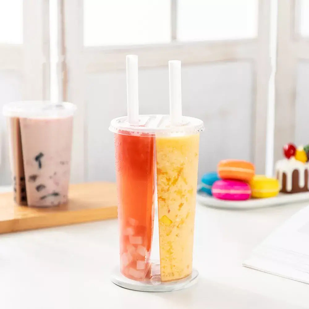 Double-Sided Split PP Plastic Cup 700ml Dual Flavor Beverage Drinking Tumbler with Disposable Lid