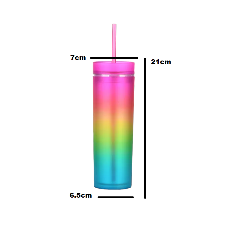 Skinny Drinking Tumbler 473ml Rainbow Gradient Frosted Acrylic Reusable with Lid & Straw
