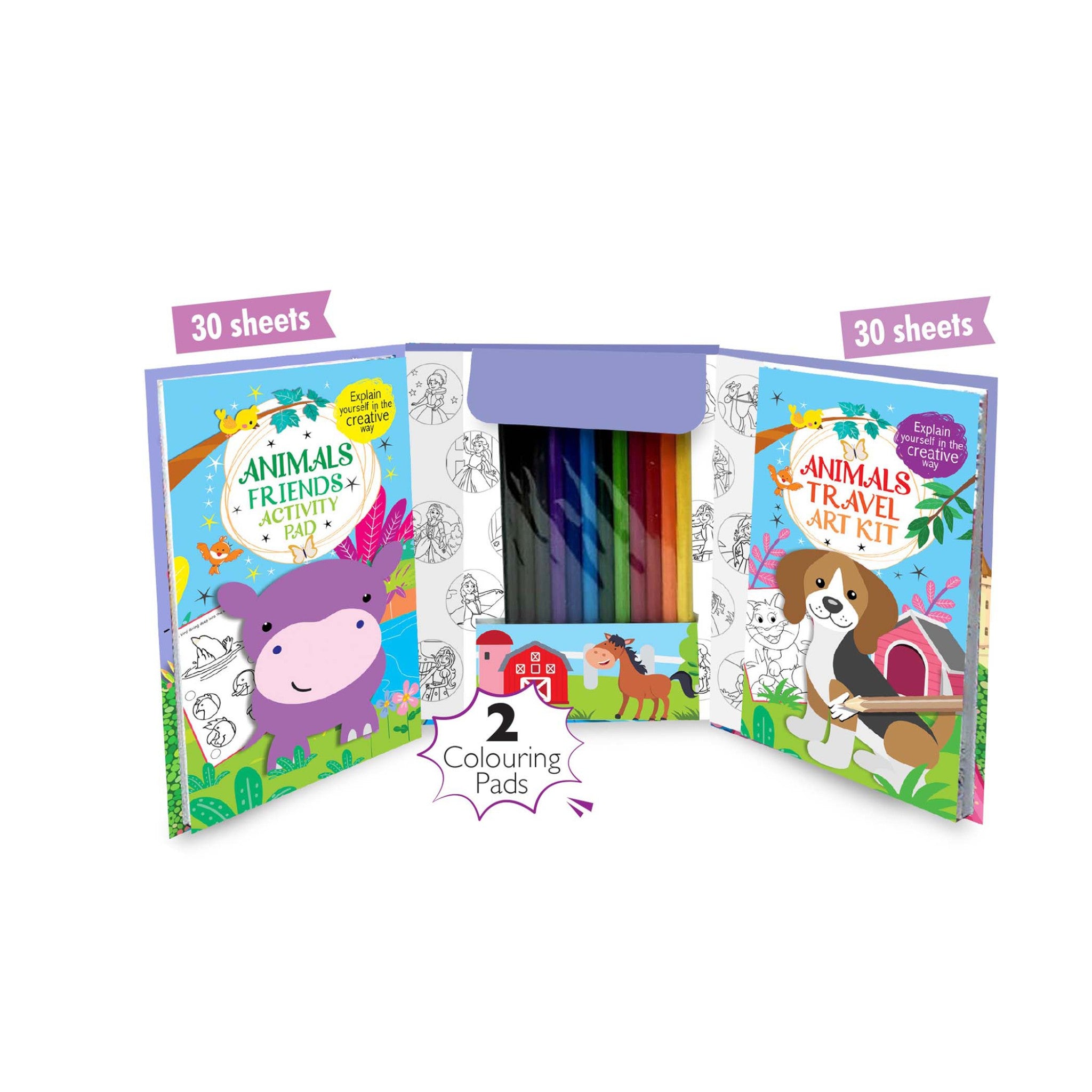 Animal Travel Coloring Activity Book with Coloured Pencils