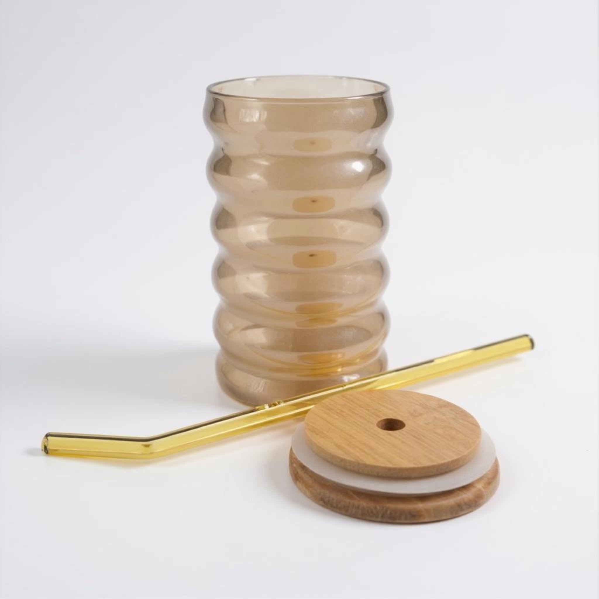 Amber Glass Drinking Ribbed Cup 500ml with Bamboo Lid & Amber Curved Straw 7x15cm