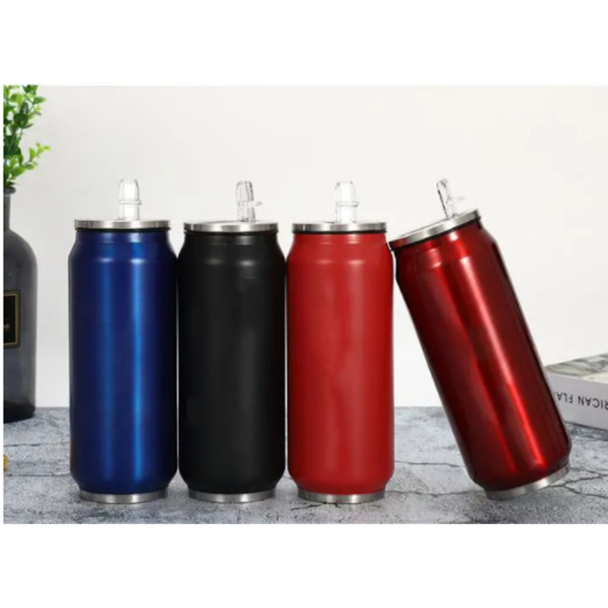 Can Shaped 500ml Thermos Drinking Bottle Flask Stainless Steel Vacuum Cup 18x6.4cm Retractable Straw