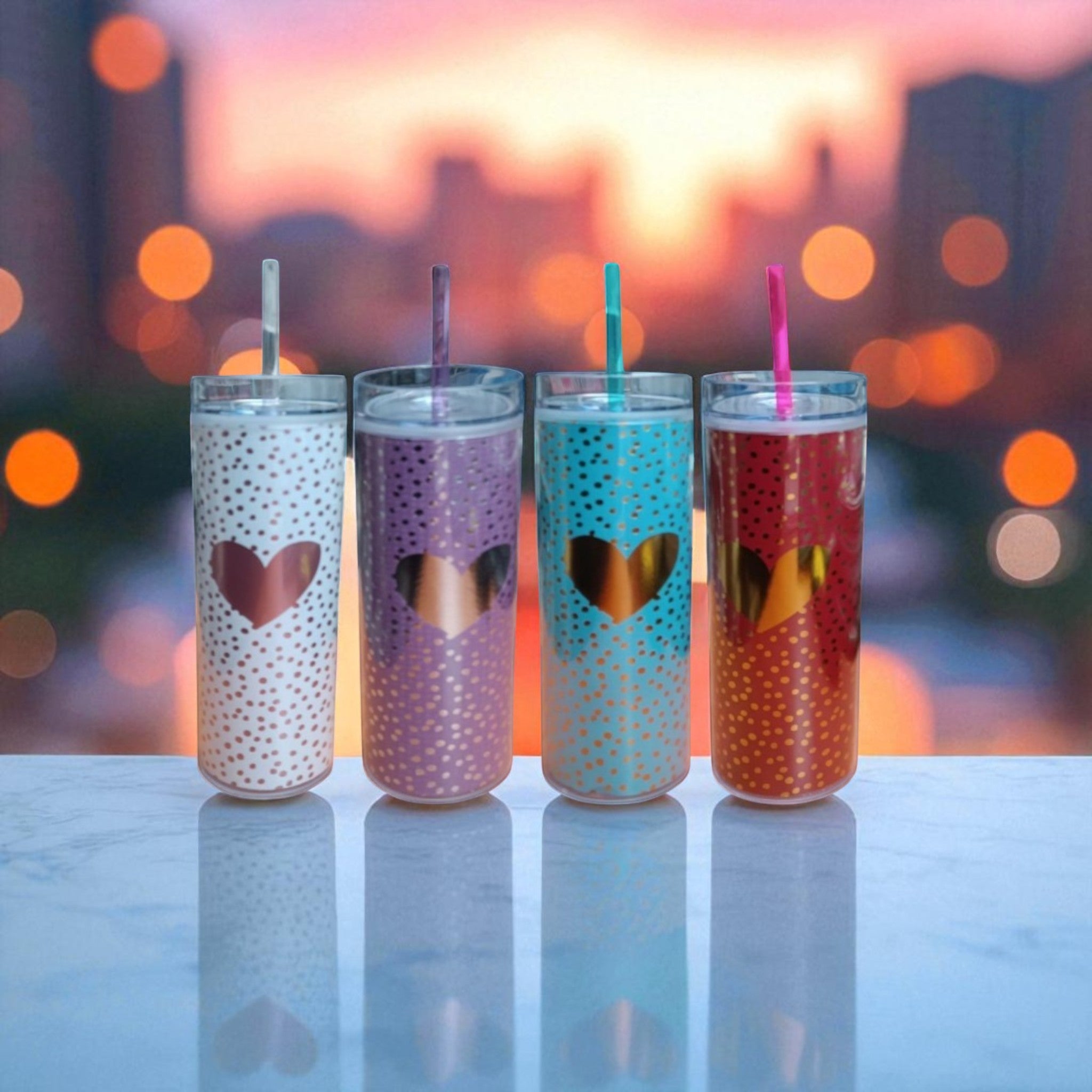 473ml Skinny Drinking Tumbler Acrylic Double-Wall Reusable with Lid & Straw 21x7cmn Heart Patterned