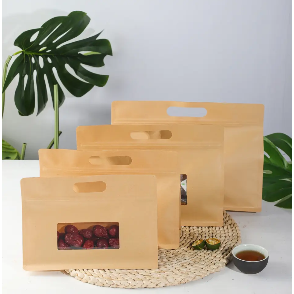 Kraft Stand up Pouch Party Treats Paper Bag Flat Bottom with Window & Handle