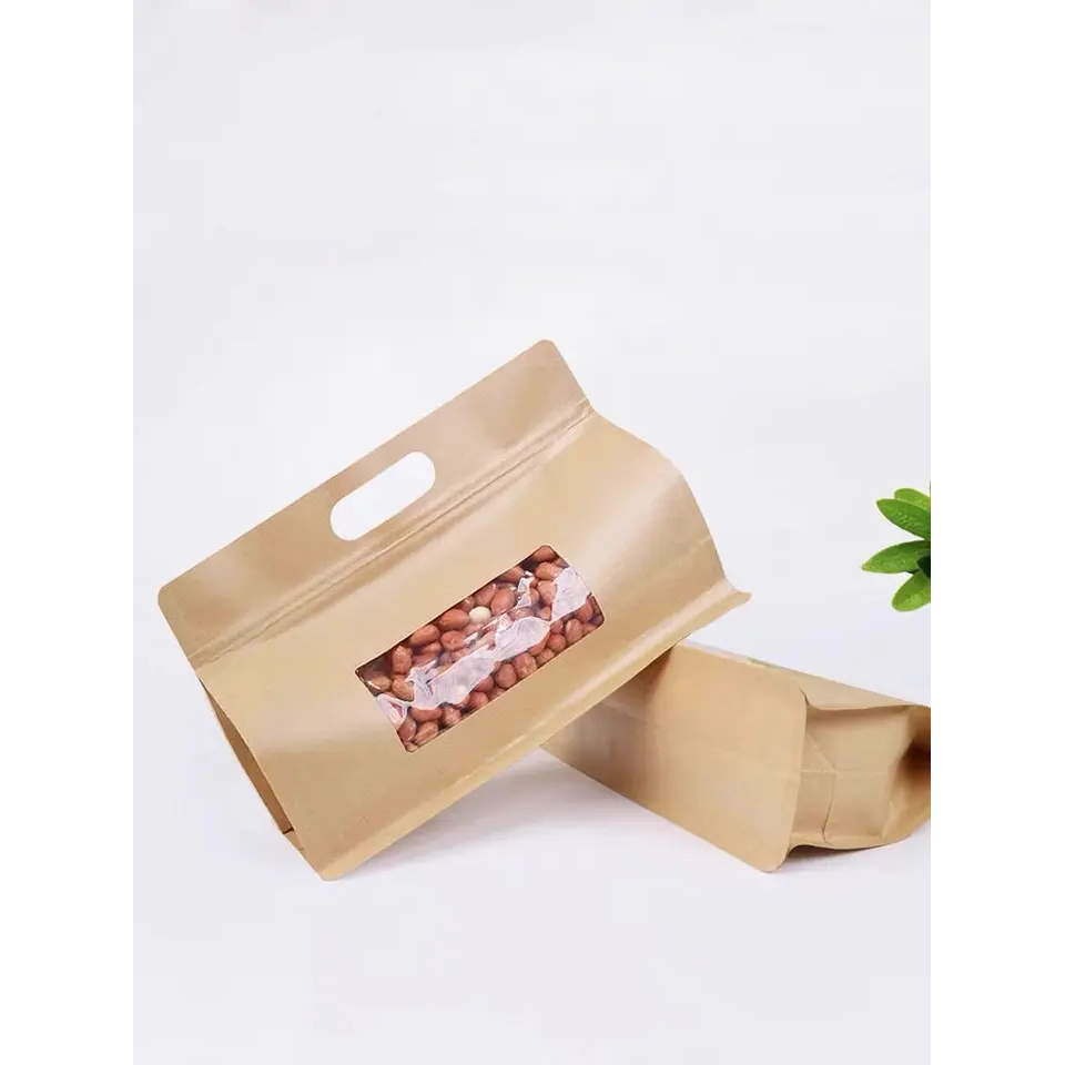 Kraft Stand up Pouch Party Treats Paper Bag Flat Bottom with Window & Handle
