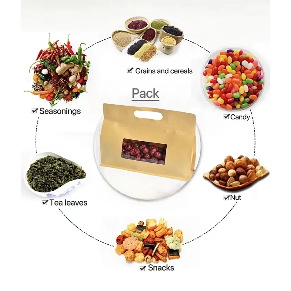 Kraft Stand up Pouch Party Treats Paper Bag Flat Bottom with Window & Handle