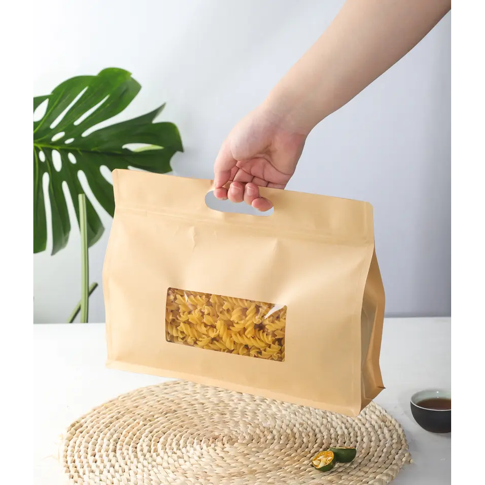 Kraft Stand up Pouch Party Treats Paper Bag Flat Bottom with Window & Handle