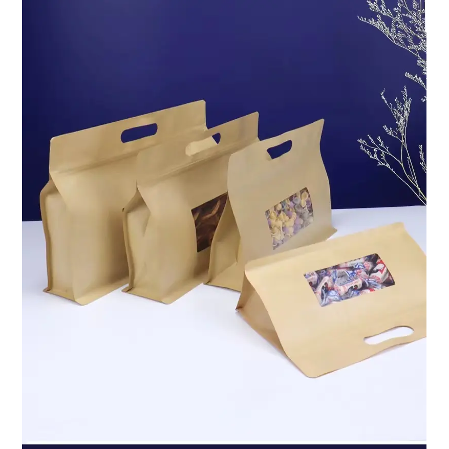 Kraft Stand up Pouch Party Treats Paper Bag Flat Bottom with Window & Handle