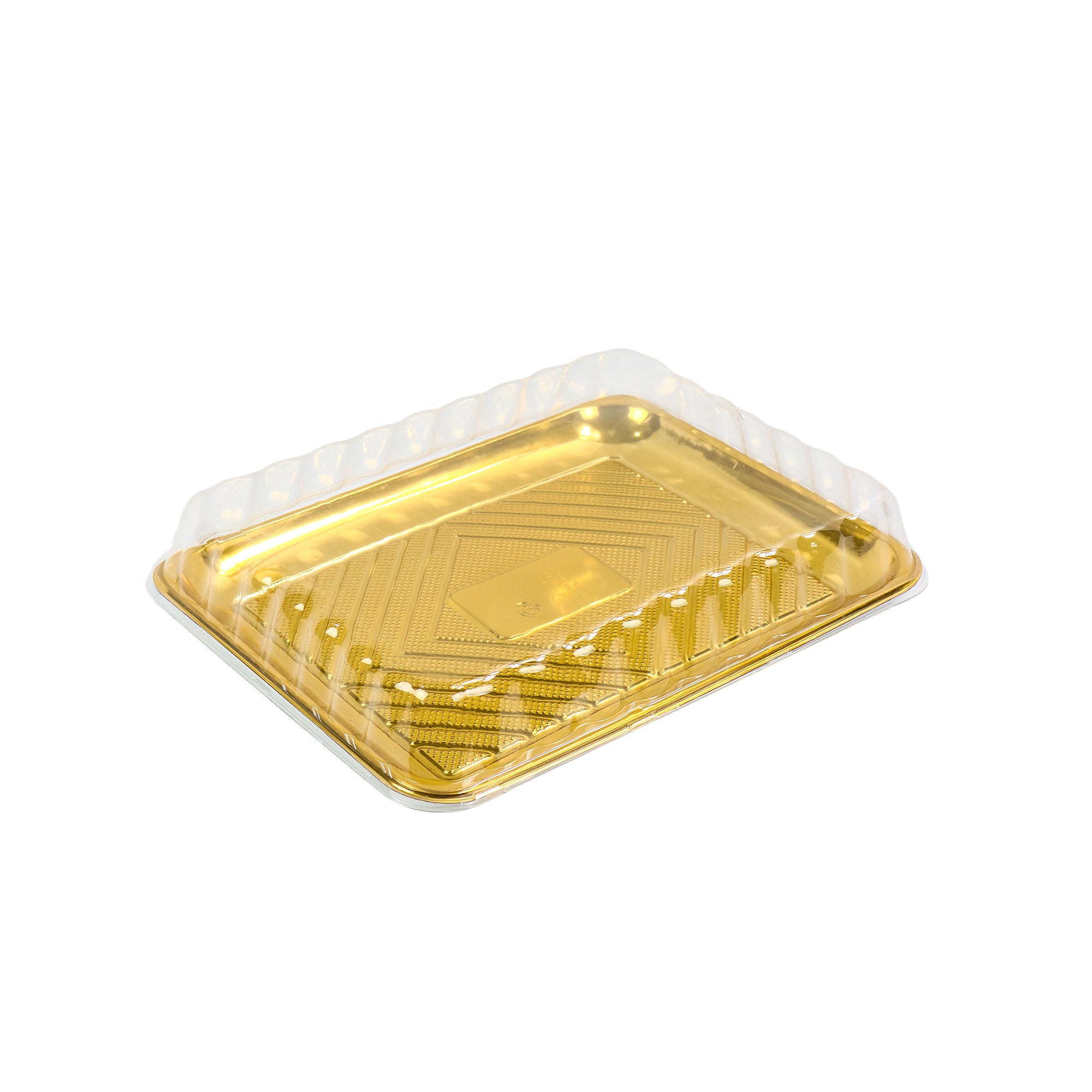 Disposable Biscuit Tray Box Gold with PVC Lid 30x40cm Serving To Go Plastic Container