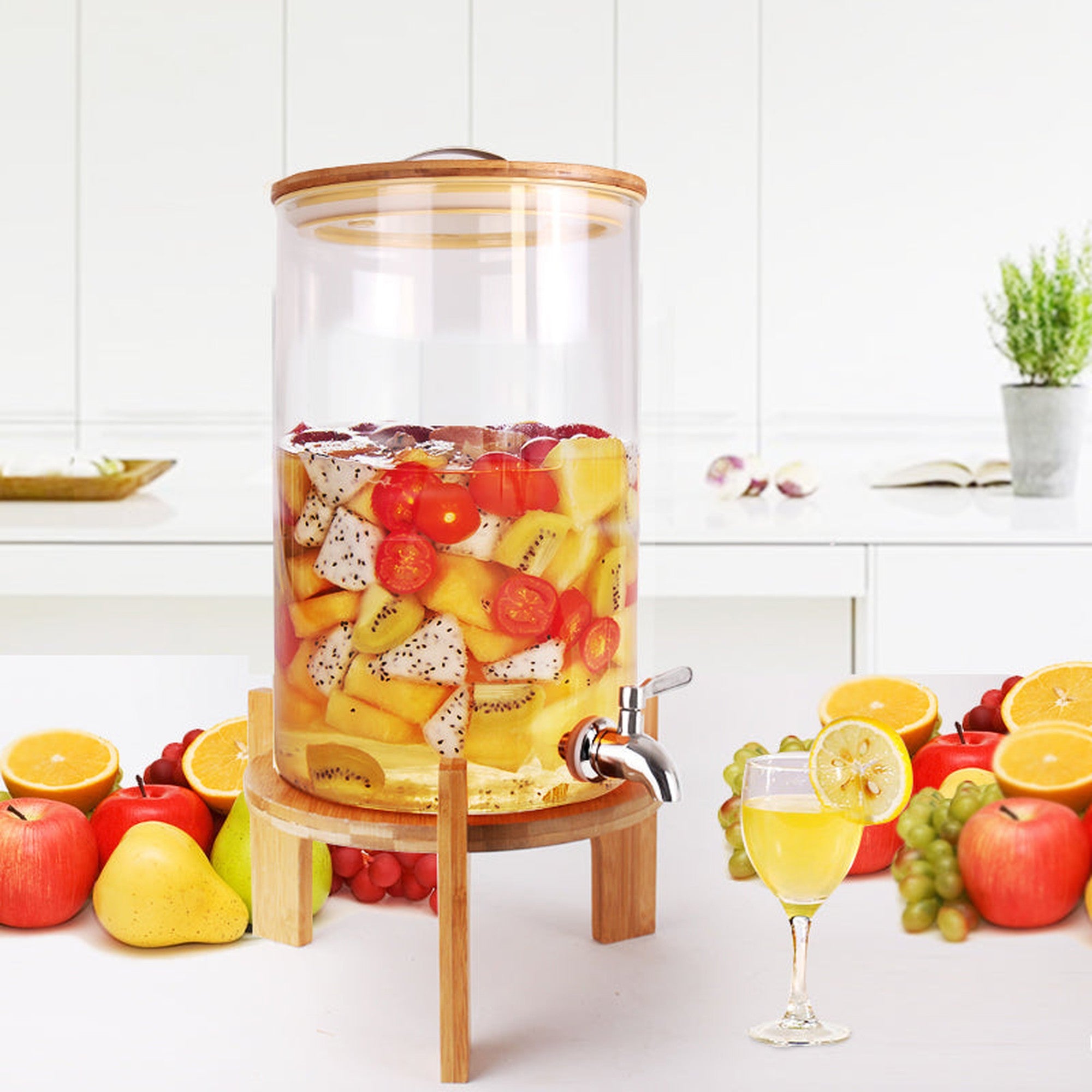 Beverage Dispenser 7.5L Borosilicate Glass Wooden Lid & Stand with Tap Spout