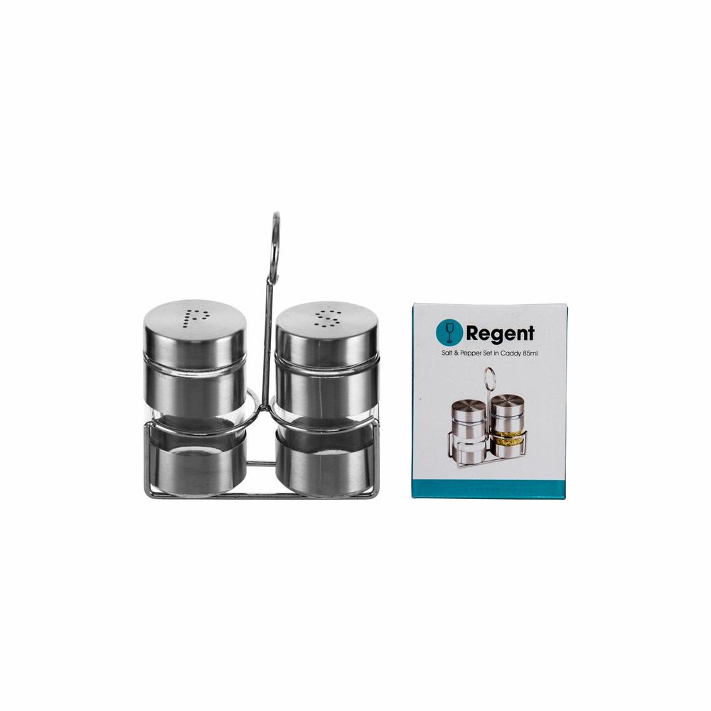 Regent Glass Salt & Pepper 85ml Set with Cover On Stand Stainless Steel 27131