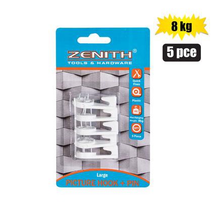 Zenith Picture Hook with Pin White Large 8kg 5pack