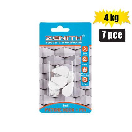 Zenith Picture Hook with Pin White Small 4kg 7pack