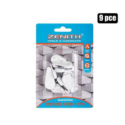 Zenith Picture Hook with Pin White Assorted 9pack