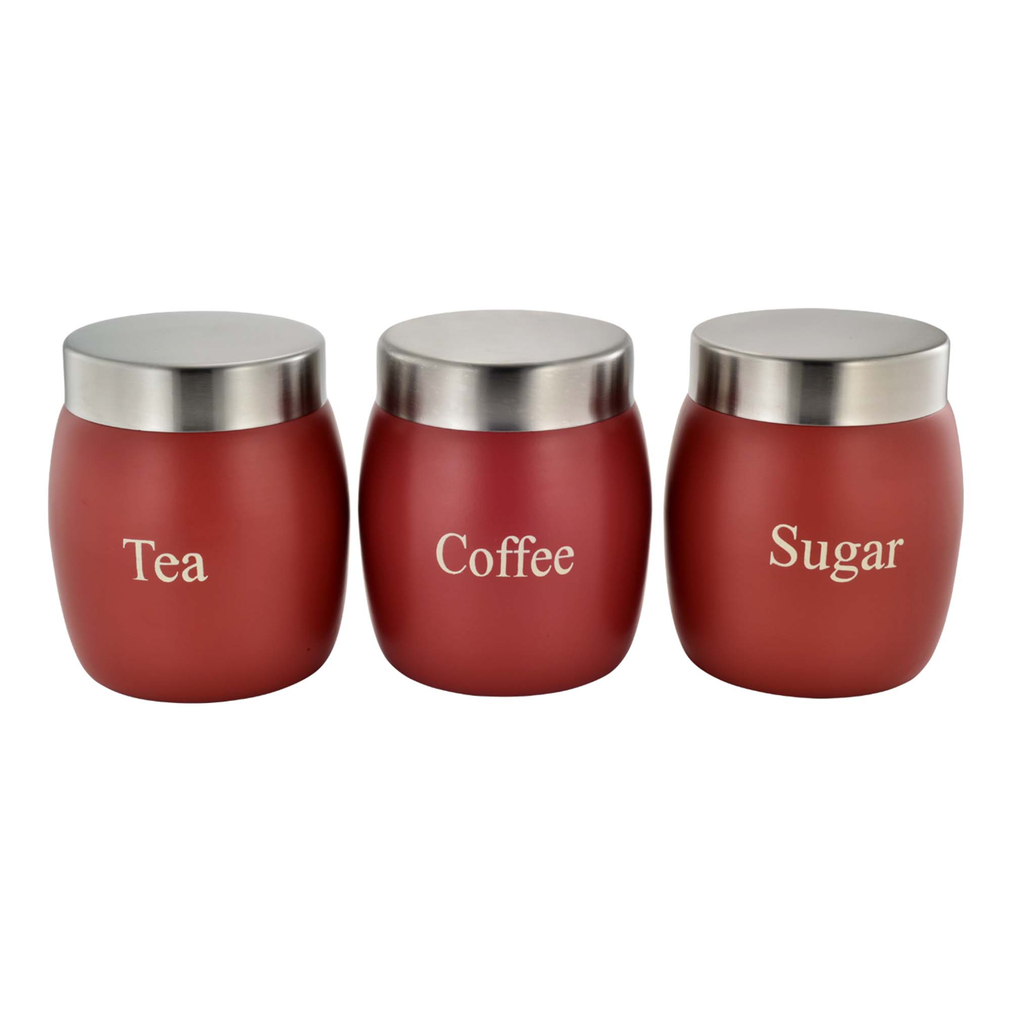 Vintage Tin Canister Set Tea-Coffee-Sugar Barrel Shaped Jar Red with S/S Lid 3pc