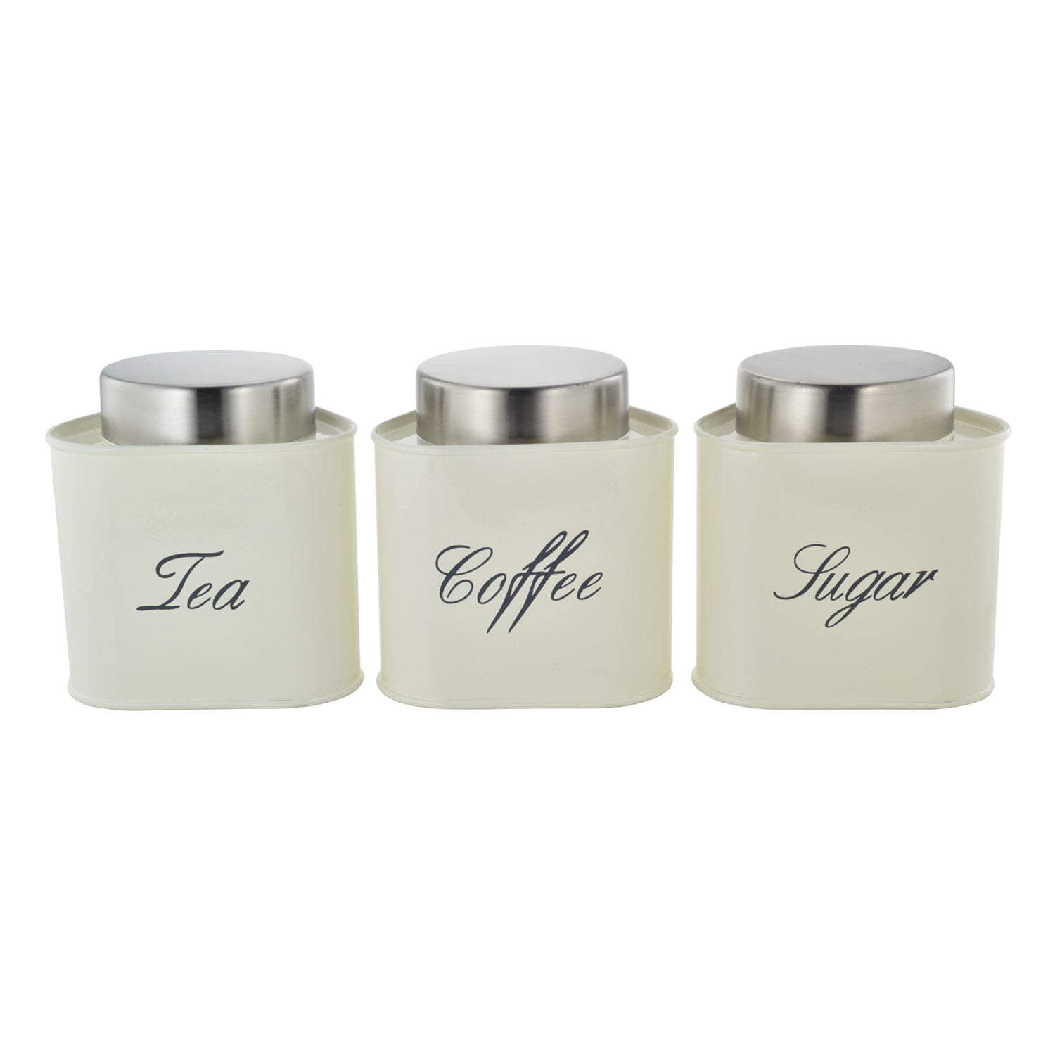 Vintage Tin Canister Set Tea-Coffee-Sugar Triangular Jar Cream with S/S Lid 3pc