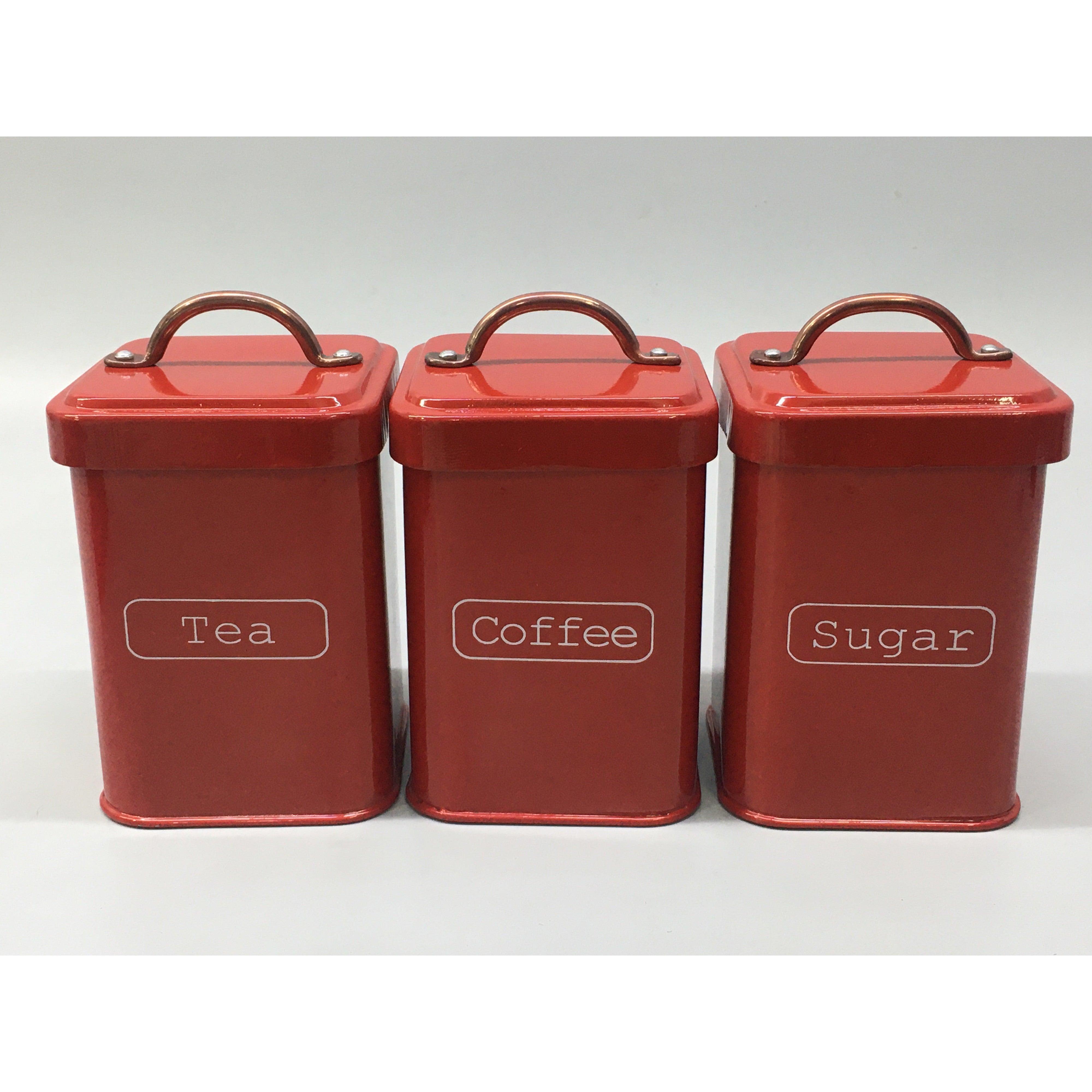 Vintage Tin Canister Square Tea Coffee Sugar Red with Bronze Handle 11x11x16.50cm
