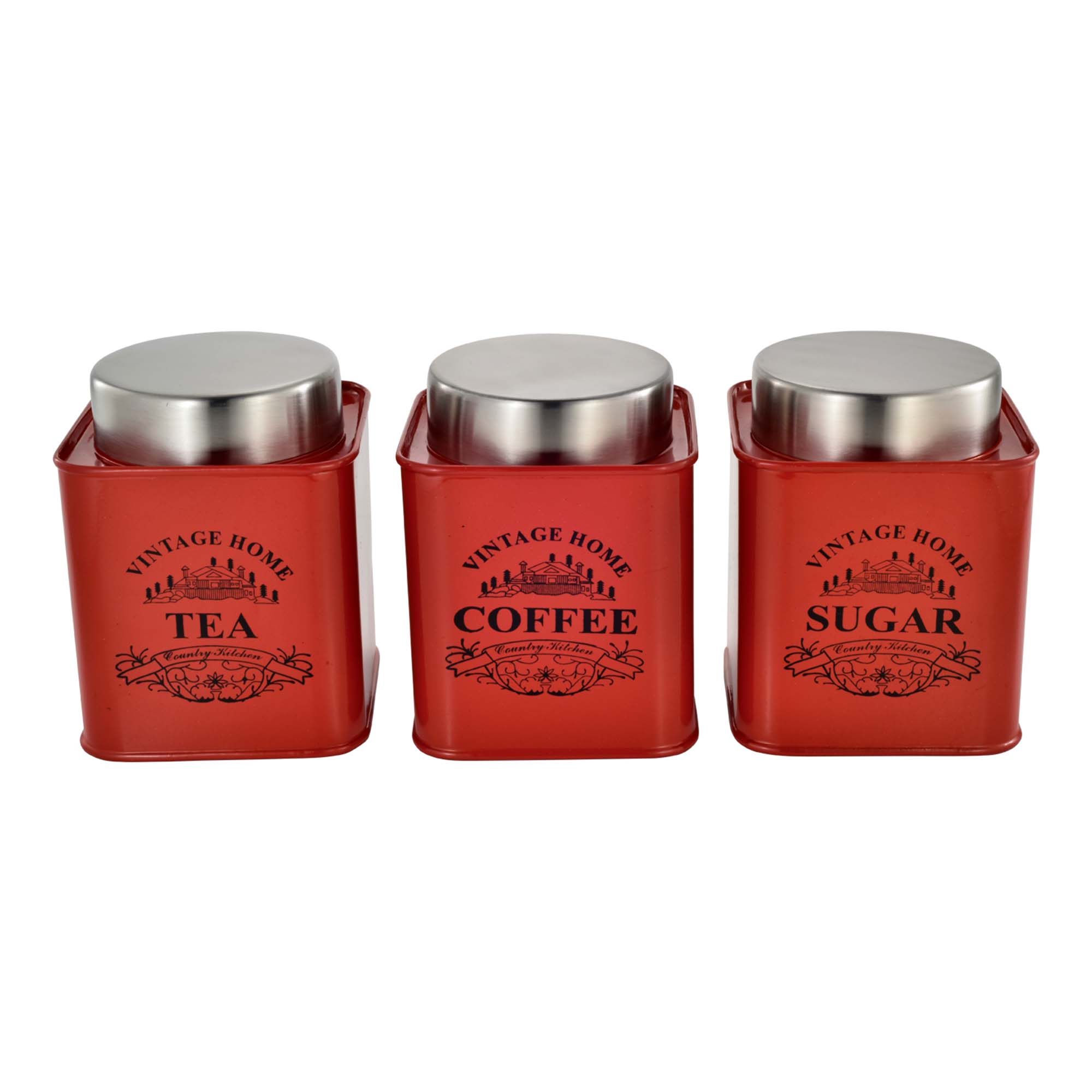 Vintage Tin Canister Set Tea-Coffee-Sugar Red Square Jar with Stainless Steel Lid 3pc