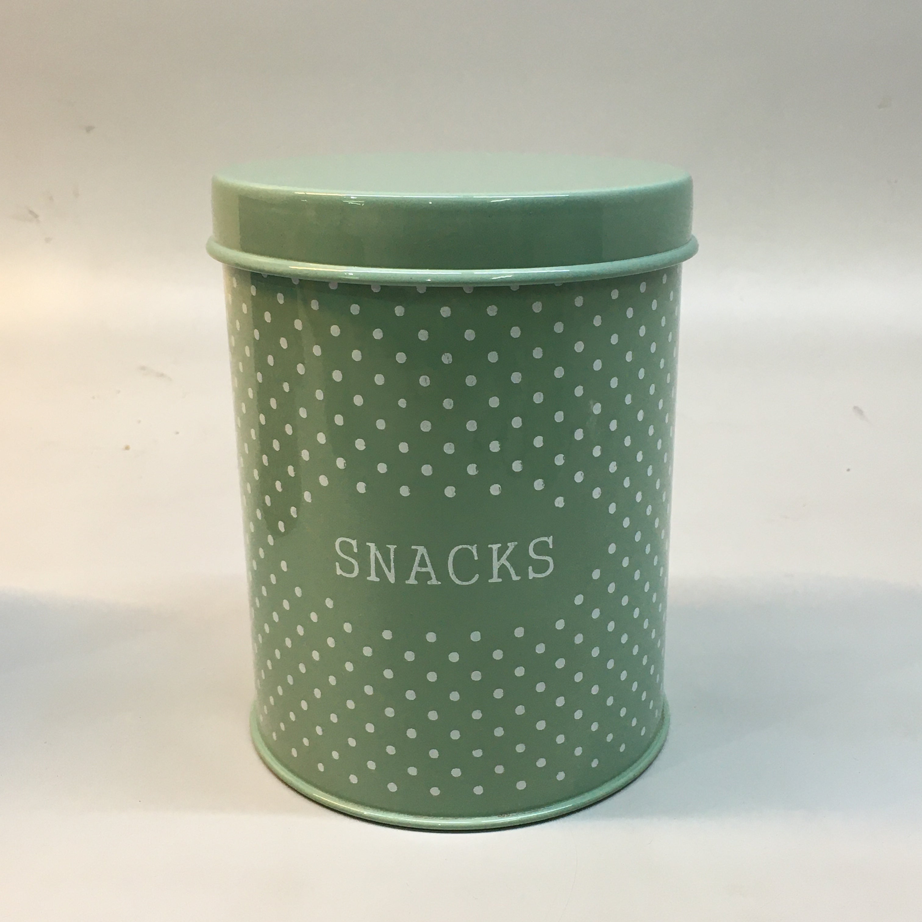 Vintage Tin Snack Canister Green & White Polka Dot 12x15cm