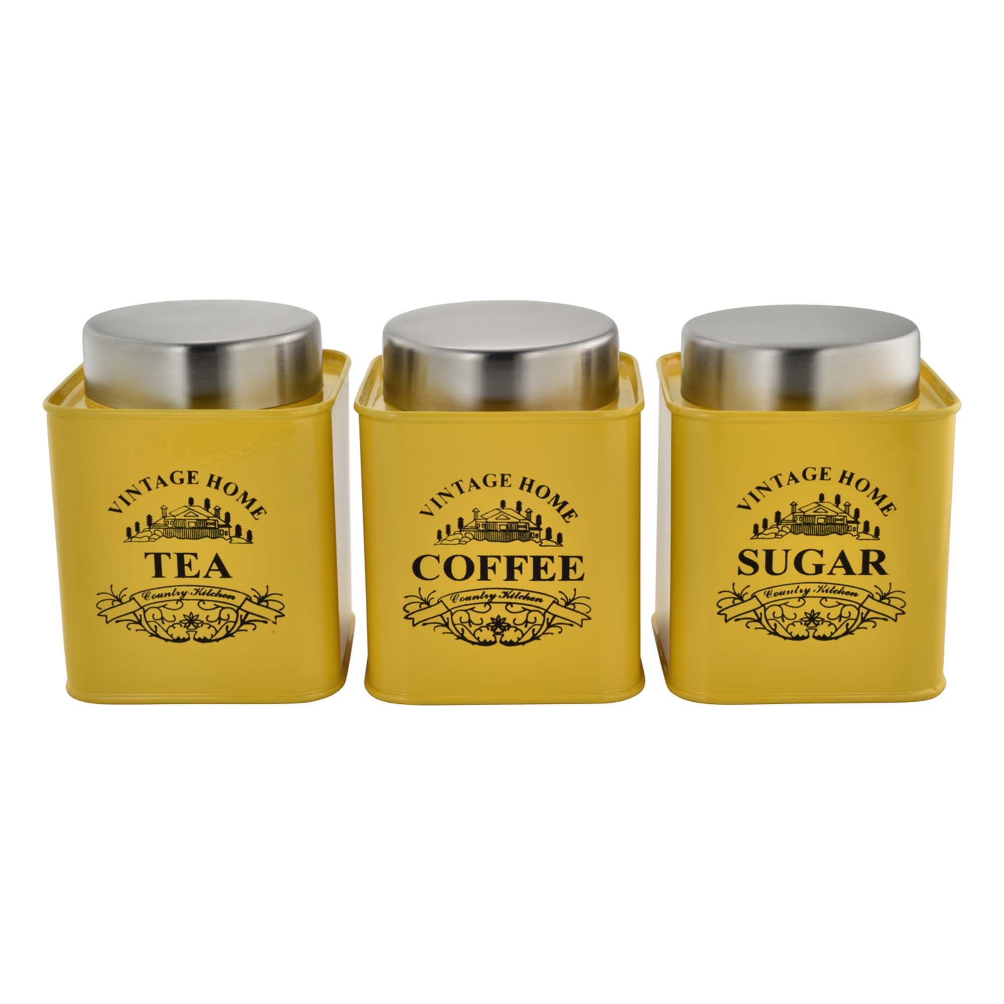 Vintage Tin Canister Set Tea-Coffee-Sugar Yellow Square Jar with S/S Lid 3pc