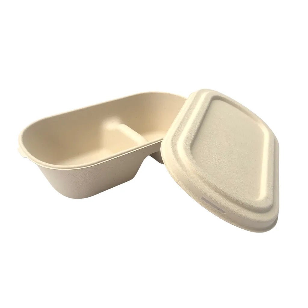 Biodegradable Kraft Food Lunch Box 2 -Compartment Takeaway Clamshell with Lid 1000ml