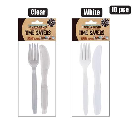 Time Savers Disposable Picnic Cutlery 5xKnives 5xFork 10pc Clear or White