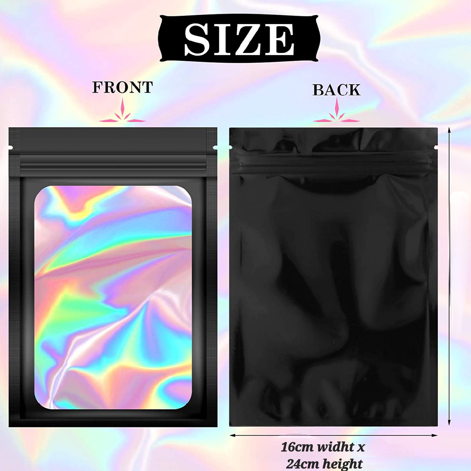 Holographic Resealable Bags 18x26cm Clear Window 10pack
