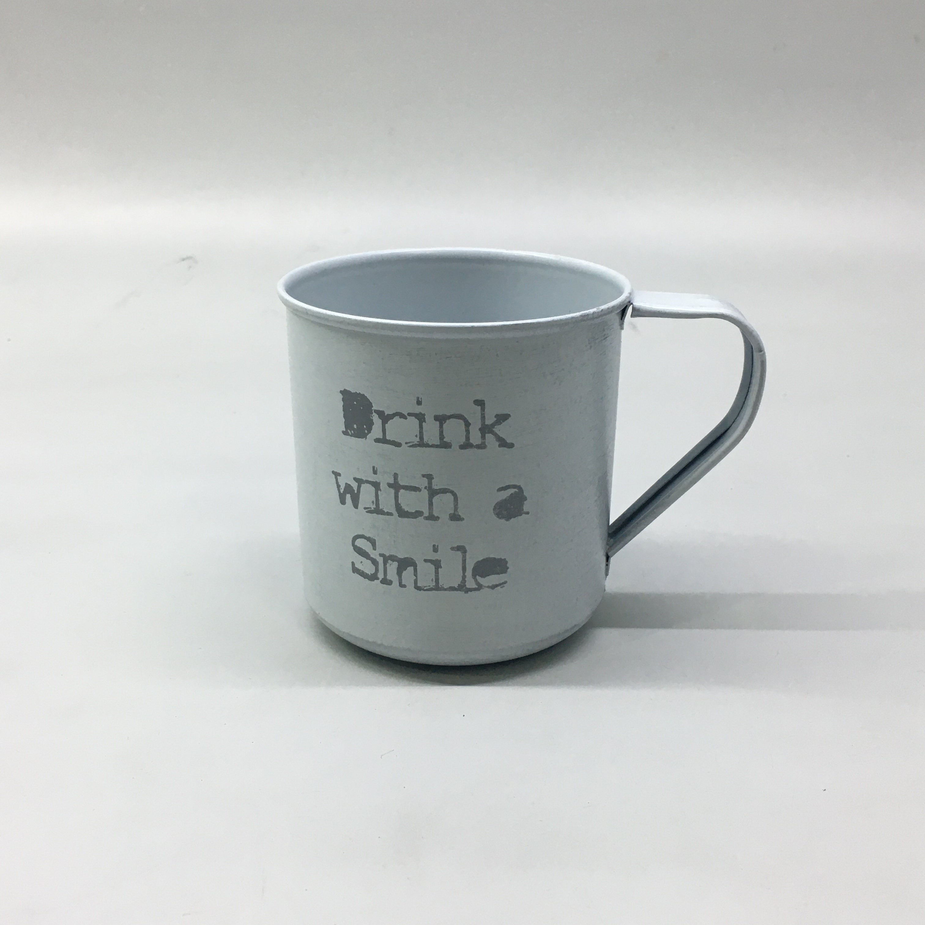 Vintage Steel Coffee Mug 9x9cm Galvanised Round White with Handle