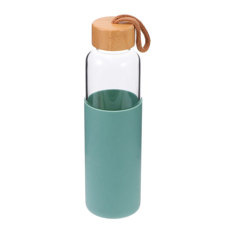 Glass Drinking Bottle 500ml Silicone Grip with Bamboo Wooden Lid and String 22583