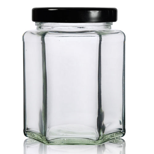 Regent Glass Jar 280ml Hexagonal with Black Lid 15107