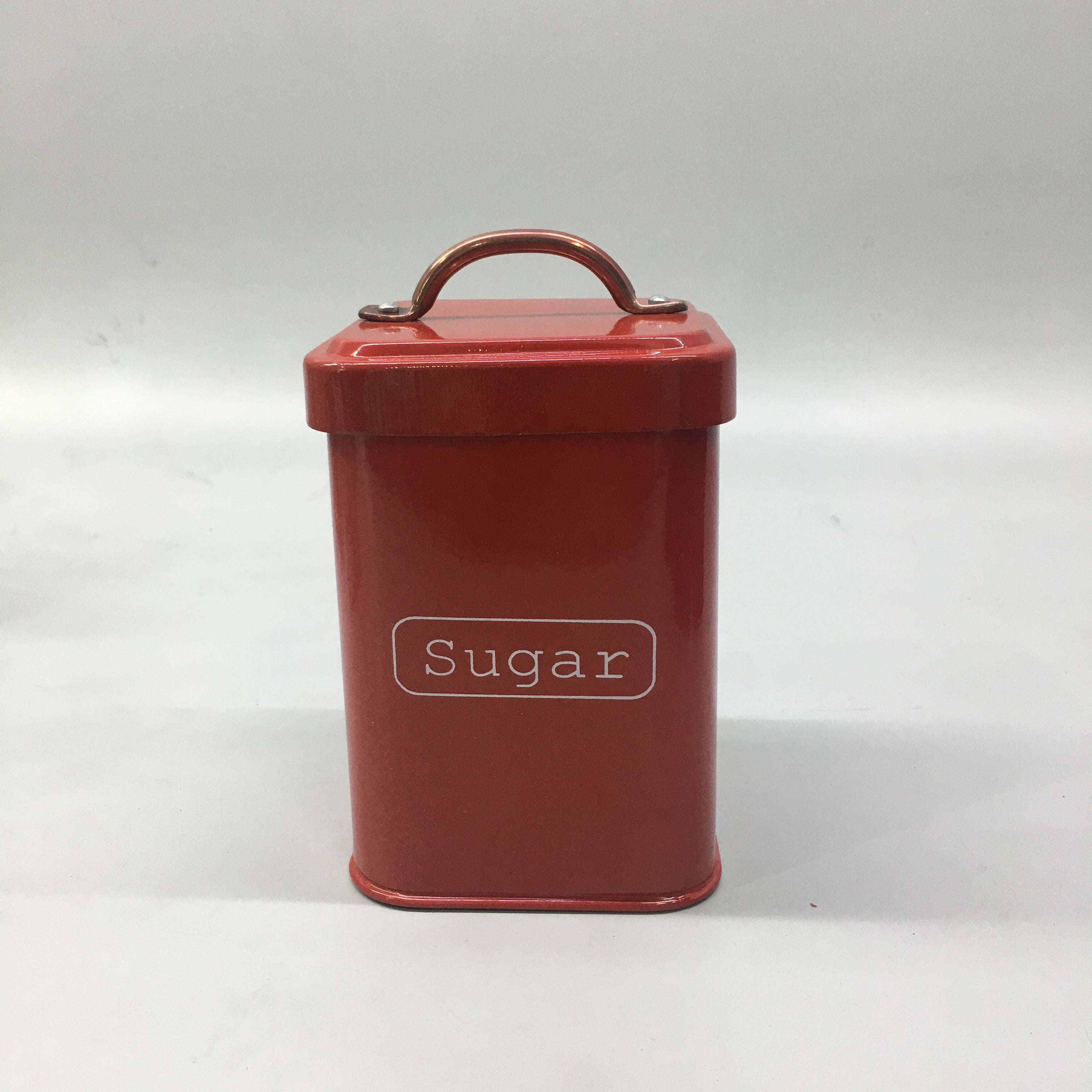 Vintage Tin Canister Square Tea Coffee Sugar Red with Bronze Handle 11x11x16.50cm