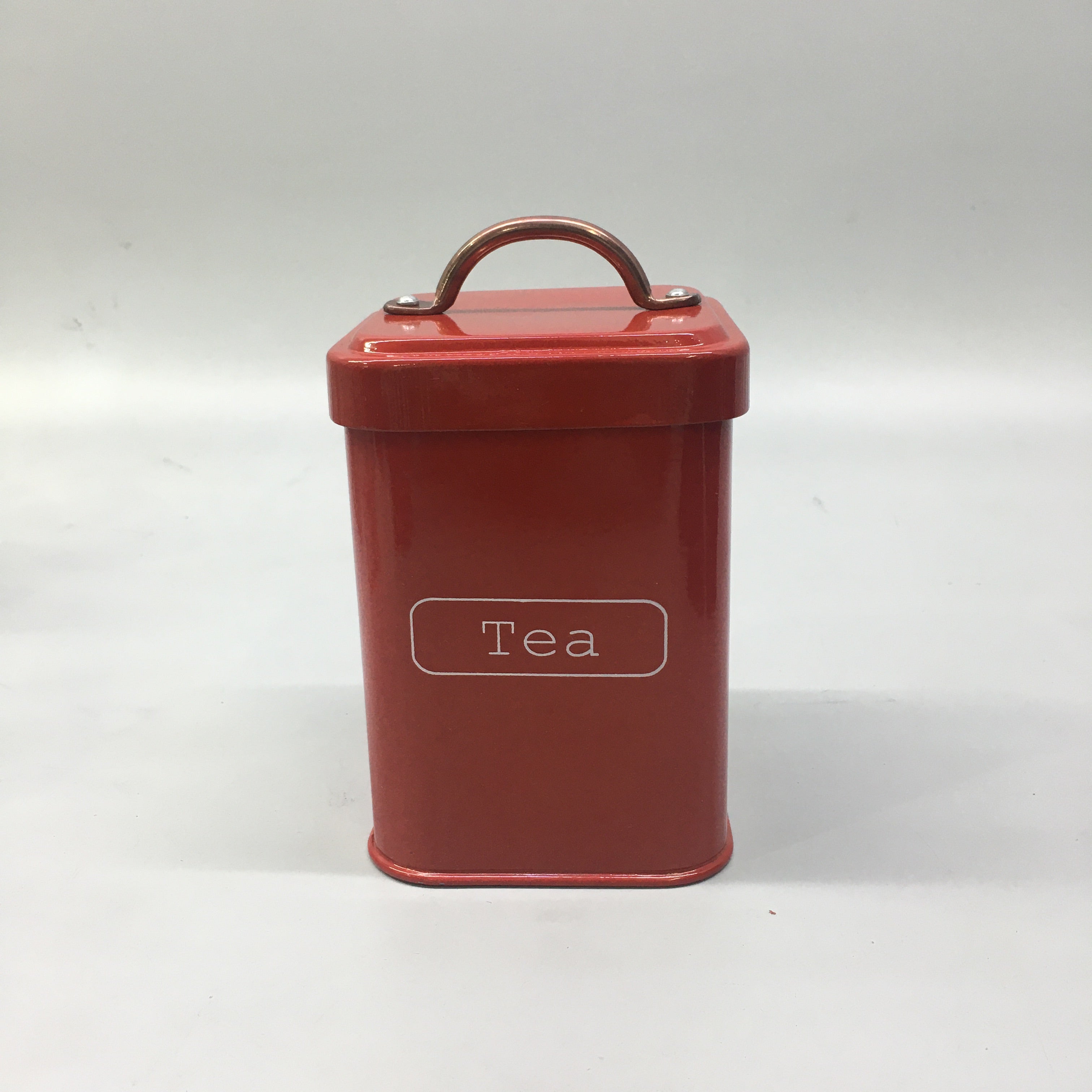 Vintage Tin Canister Set Square Tea Coffee Sugar Red with Bronze Handle 11x11x16.50cm