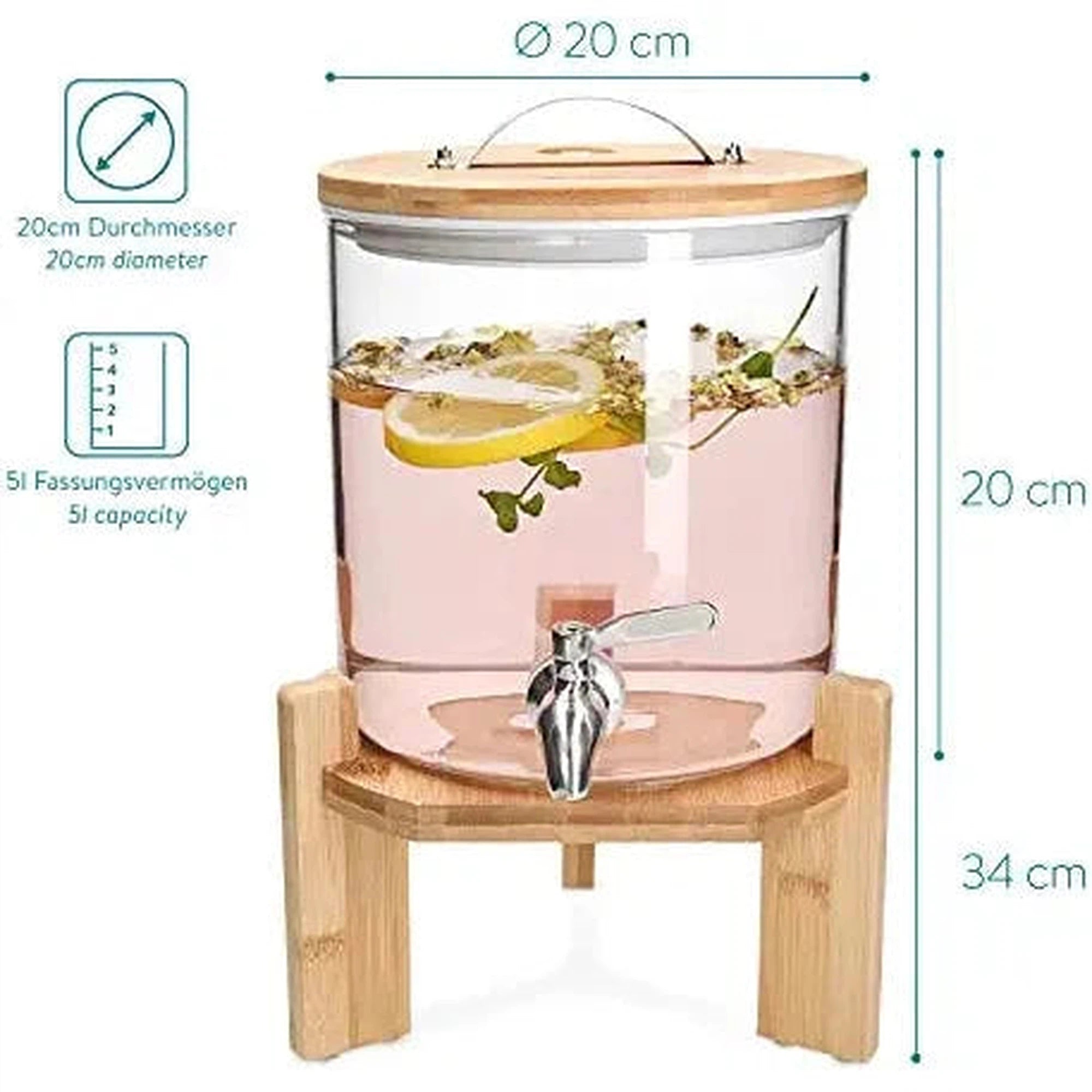 Beverage Dispenser 5L Borosilicate Glass with Wooden Lid & Stand