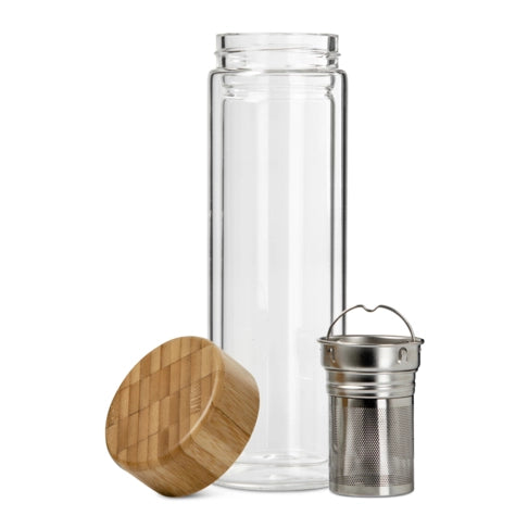 Glass Drinking Bottle 600ml Double Wall with Infuser & Bamboo Lid 27133