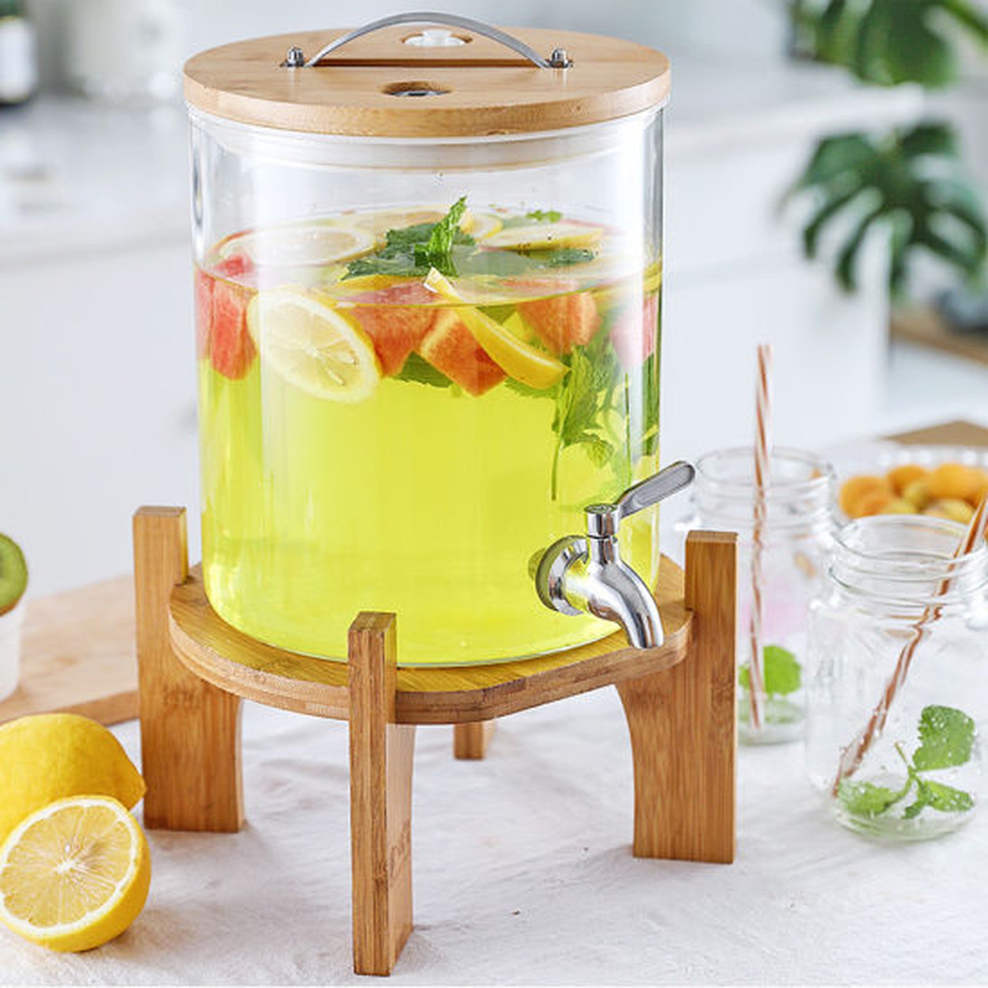 Beverage Dispenser 5L Borosilicate Glass with Wooden Lid & Stand
