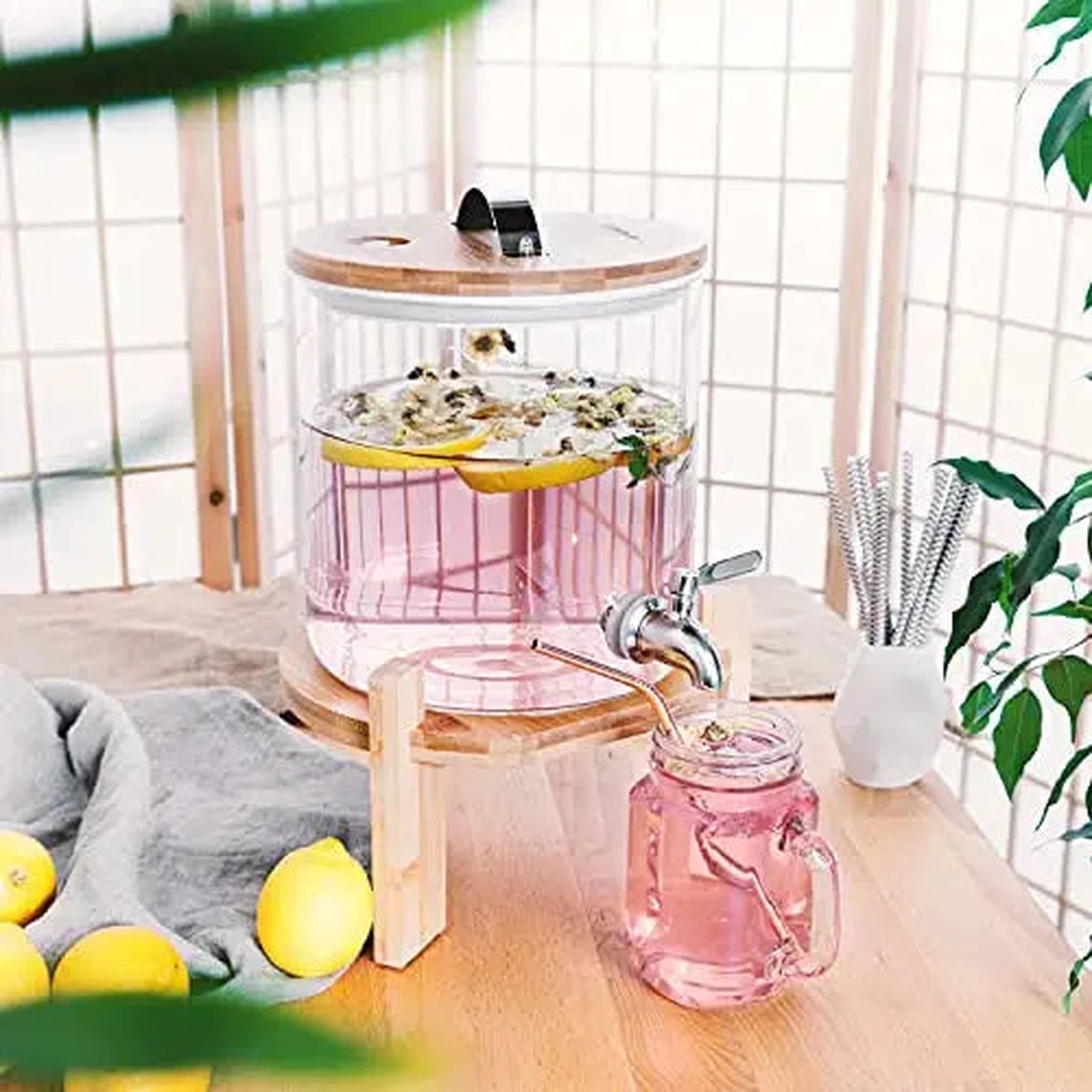 Beverage Dispenser 5L Borosilicate Glass with Wooden Lid & Stand