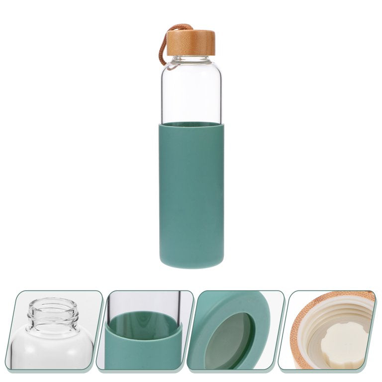 Glass Drinking Bottle 500ml Silicone Grip with Bamboo Wooden Lid and String 22583
