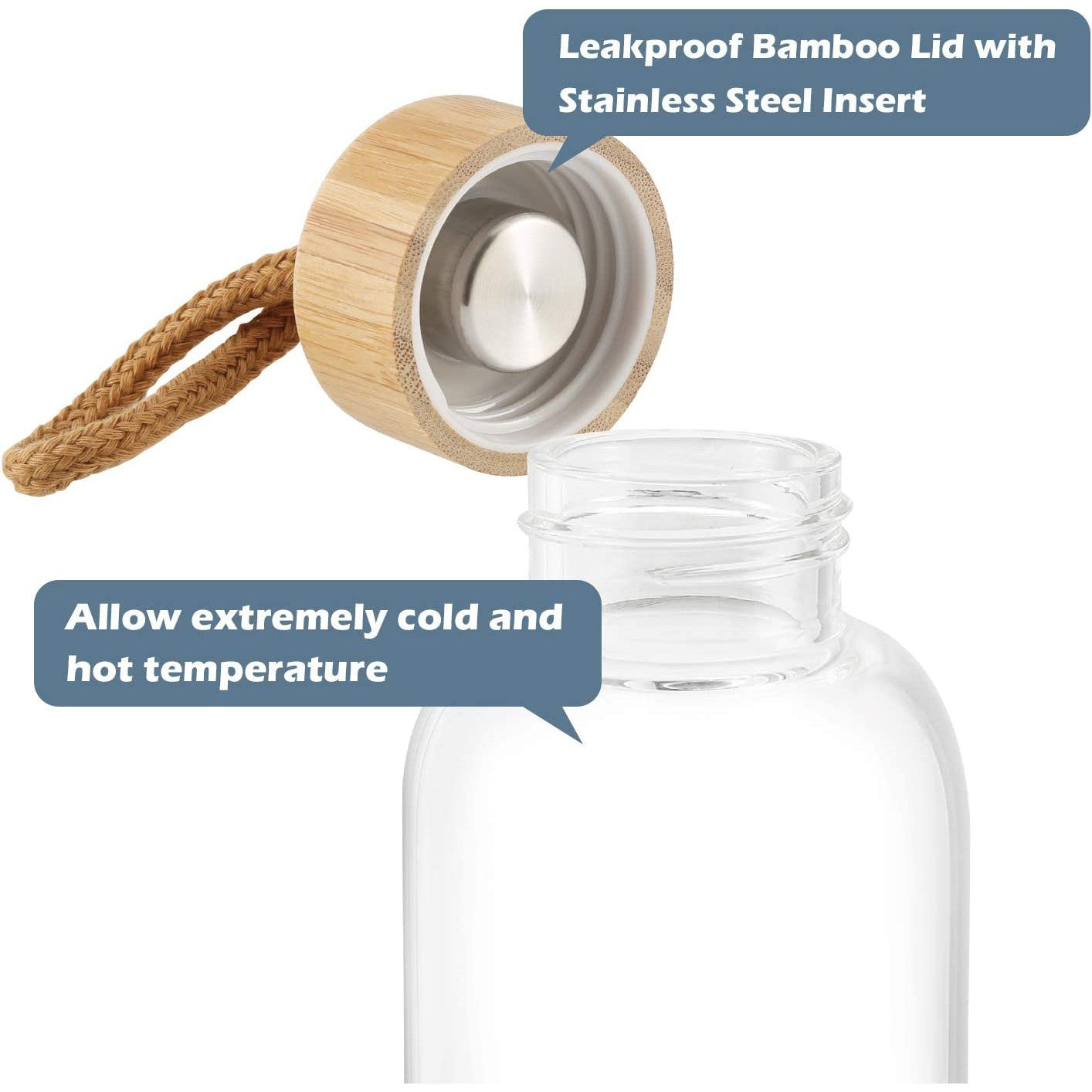 Glass Drinking Bottle 500ml Silicone Grip with Bamboo Wooden Lid and String 22583