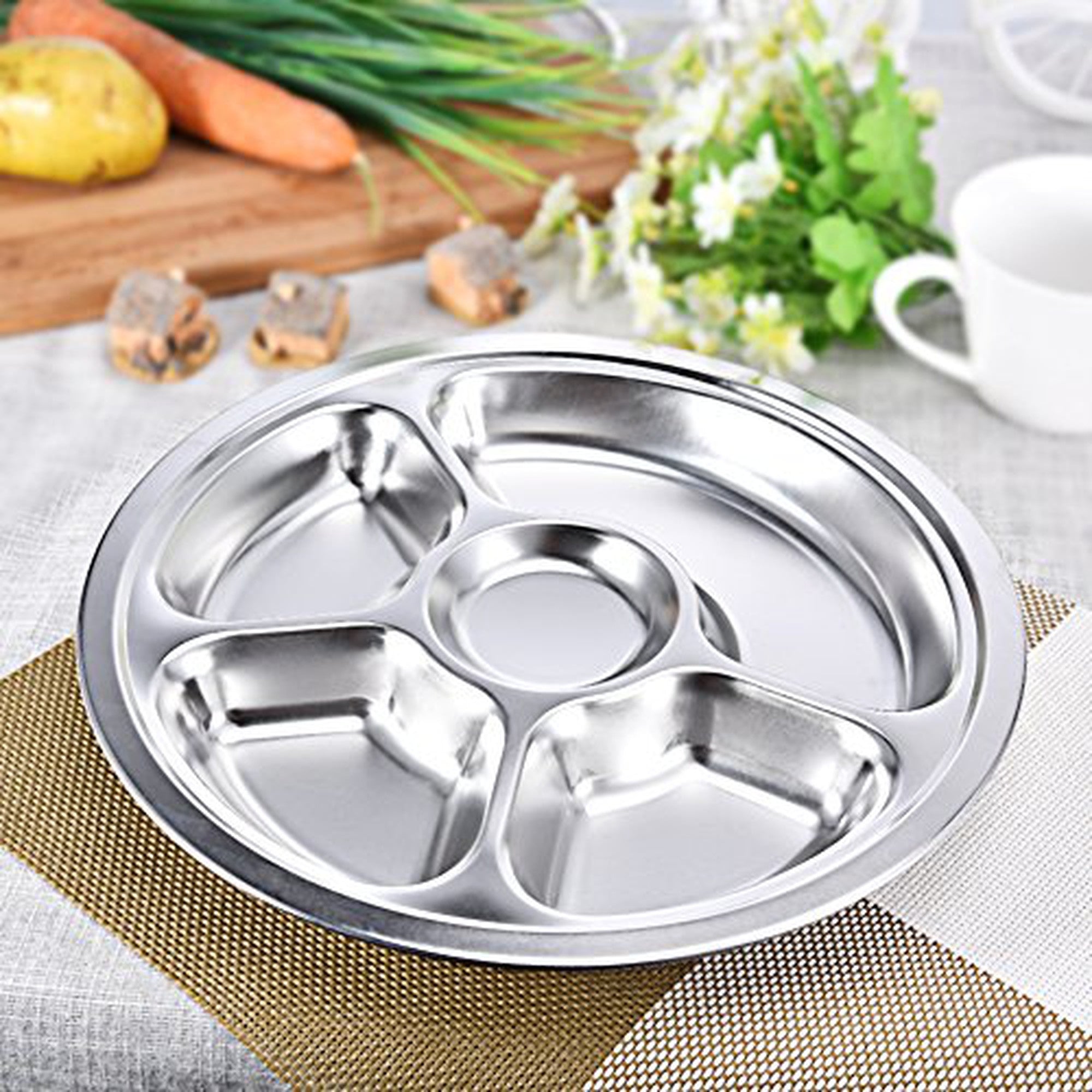 Canteen Lunch Tray Stainless Steel 5-Division Round - Cafeteria Feeding Plate
