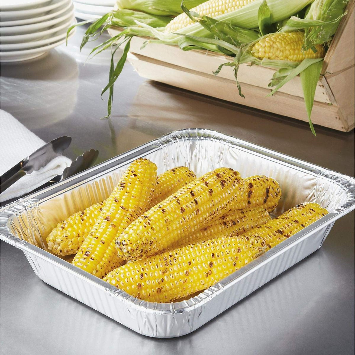 Aluminum Foil Takeaway Gastronorm Container Disposable Serving Tray FG-4573 with Poly PVC Lid Card Lid Fl-B4573