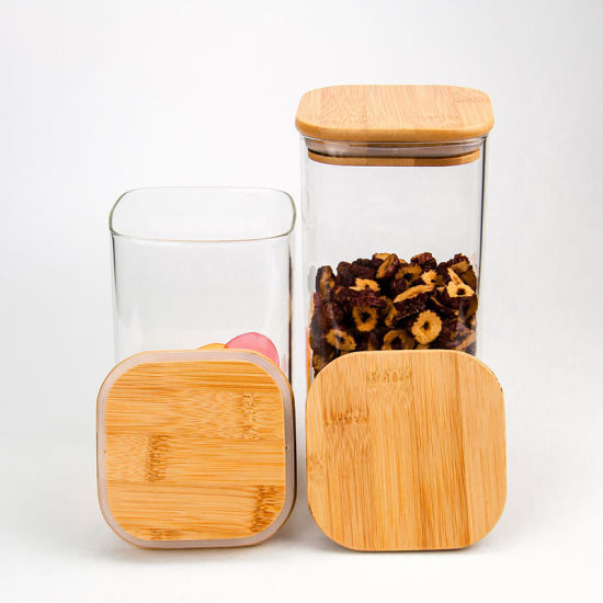 Aqua Glass Canister Square 1.2Ltr with Wood lid