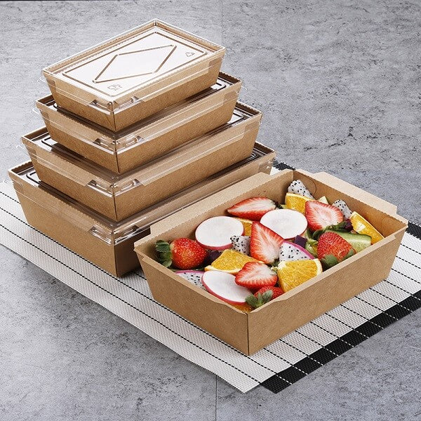 Kraft Paper Food Lunch Box Square Container with Clear Lid 16.5x10x4.5cm