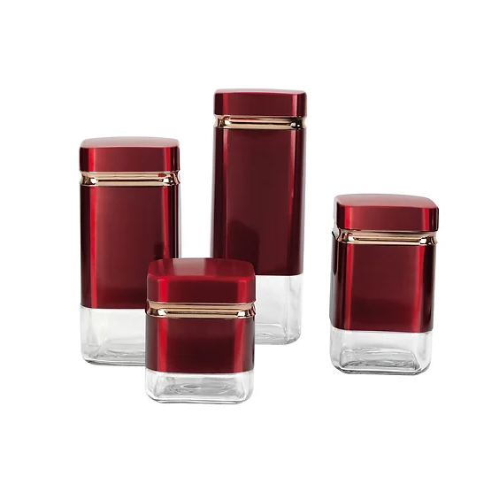 Continental Homeware Canister Set Red with Gold Line 4 Pack Squre Shape CH837