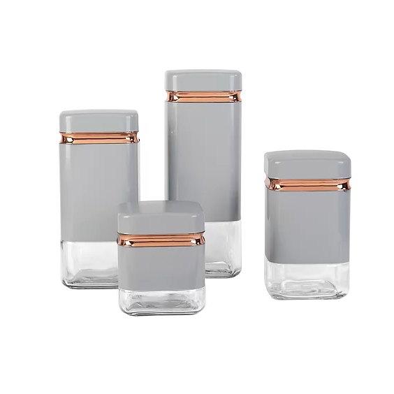 Continental Homeware Canister Set Grey with Gold Line 4 Pack Squre Shape CH838