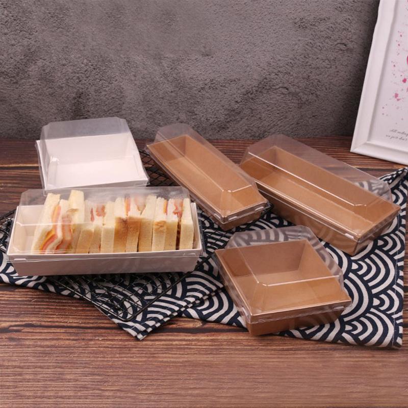 Kraft Paper Food Lunch Box 20x12.5x3cm with Clear Plastic Lid