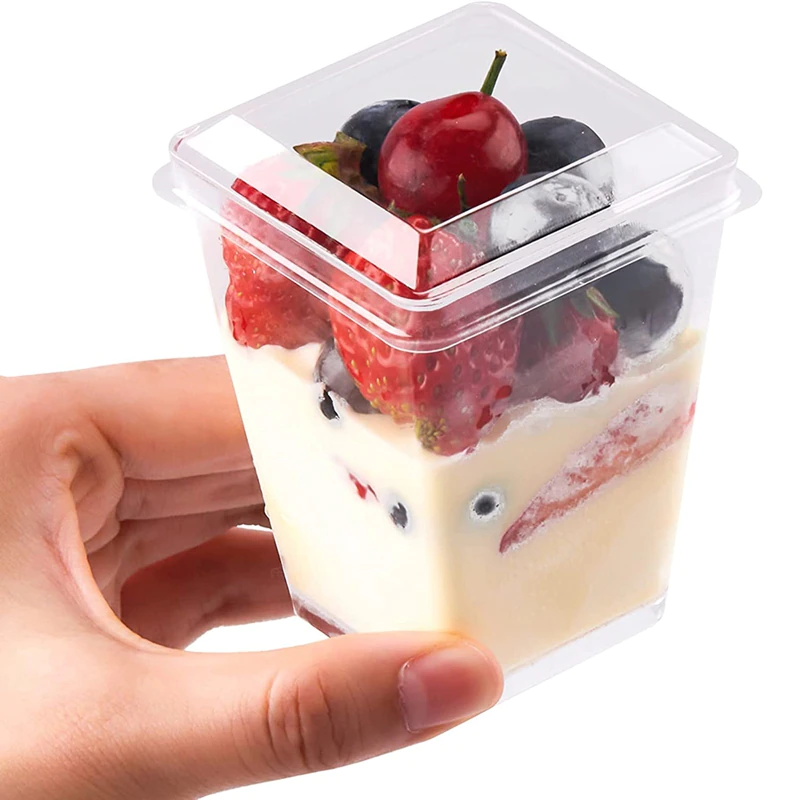 Acrylic Mini Dessert Cup 160ml Square Shape with Lid 20pack