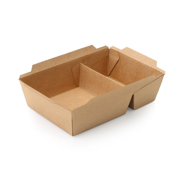 Kraft Paper Food Lunch Meal Box 1200ml 2-Compartments Cliplock with PET Lid Combo 5pack
