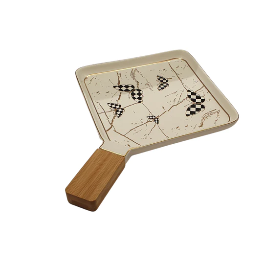 Porcelain Dinner Serving Tray Plate White with Wooden Handle 8Inch SGN2470